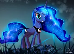 Size: 2960x2160 | Tagged: safe, artist:zidanemina, princess luna, alicorn, pony, dawn, ethereal mane, female, grass, looking at you, mare, missing accessory, sky, solo, starry mane