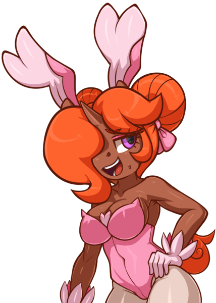 Size: 2256x3164 | Tagged: suggestive, artist:moonseeker, oc, oc:lily cureheart, anthro, unicorn, breasts, bunny ears, bunny suit, clothes, eyeshadow, gloves, leotard, makeup, pantyhose, ribbon, simple background, sweat, transparent background