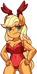 Size: 1728x3437 | Tagged: suggestive, artist:moonseeker, applejack, anthro, earth pony, breasts, bunny ears, bunny suit, busty applejack, cleavage, clothes, food, freckles, grin, leotard, simple background, smiling, straw in mouth, transparent background, wheat