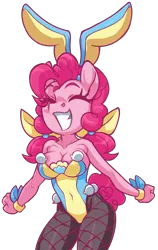 Size: 2241x3549 | Tagged: suggestive, artist:moonseeker, pinkie pie, anthro, earth pony, bow, breasts, bunny ears, bunny suit, busty pinkie pie, cleavage, clothes, cuffs (clothes), eyes closed, fishnets, grin, leotard, pantyhose, pigtails, pom pom, ribbon, simple background, smiling, transparent background