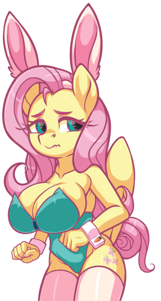 Size: 1836x3436 | Tagged: anthro, artist:moonseeker, big breasts, breasts, bunny ears, bunny suit, busty fluttershy, carrot, cleavage, clothes, cuffs (clothes), fluttershy, food, huge breasts, leotard, lipstick, pegasus, simple background, socks, stockings, suggestive, thigh highs, transparent background