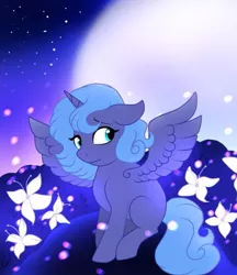 Size: 507x586 | Tagged: safe, artist:pinkamenascratch, princess luna, alicorn, pony, female, filly, flower, full moon, moon, solo, spread wings, wings, woona, younger