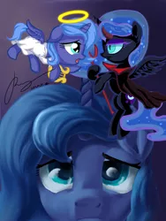 Size: 2250x3000 | Tagged: safe, artist:musical ray, nightmare moon, princess luna, alicorn, pony, cute, female, filly, lunabetes, nightmare woon, s1 luna, shoulder angel, shoulder devil, woona, younger