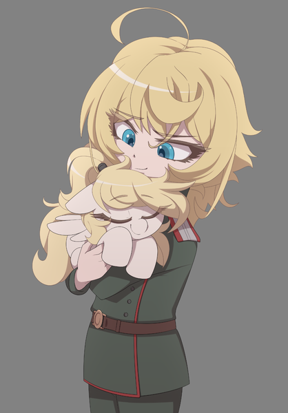 Size: 1069x1533 | Tagged: safe, artist:shinodage, oc, oc:luftkrieg, unofficial characters only, human, pegasus, pony, crossover, explicit source, female, gray background, hair tie, holding a pony, military uniform, simple background, tanya degurechaff, youjo senki