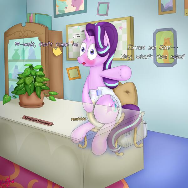 Size: 6000x6000 | Tagged: questionable, artist:thelegitimantis, starlight glimmer, pony, unicorn, blushing, caught, diaper, diaper fetish, fetish, pissing, starlight's office, urine, wet diaper