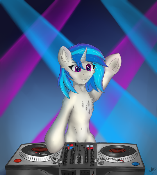 Size: 2324x2584 | Tagged: safe, artist:flapstune, vinyl scratch, pony, unicorn, bipedal, club, female, fluffy, frog (hoof), horn, lights, mare, signature, smiling, solo, table, turntable, underhoof