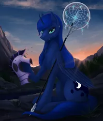 Size: 2610x3060 | Tagged: safe, artist:dezdark, princess luna, alicorn, pony, armor, dreamcatcher, female, looking at you, mare, nature, solo, staff, sunrise