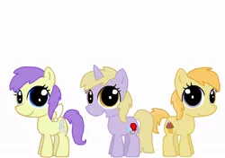 Size: 900x632 | Tagged: safe, artist:starryoak, derpibooru import, alula, dinky hooves, noi, pluto, princess erroria, earth pony, pegasus, pony, unicorn, balloon, cloud, cupcake, cutie mark, feather, female, filly, food, image, jpeg, simple background, trio, white background