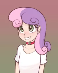 Size: 954x1200 | Tagged: safe, artist:scorpdk, banned from derpibooru, edit, sweetie belle, human, blushing, choker, clothes, cute, diasweetes, eyebrows visible through hair, eyelashes, female, gradient background, humanized, image, lolicon, png, shirt, smiling, solo, t-shirt, underage