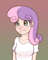 Size: 954x1200 | Tagged: safe, artist:scorpdk, banned from derpibooru, edit, sweetie belle, human, breasts, clothes, cute, diasweetes, eyebrows visible through hair, female, gradient background, humanized, image, lolicon, oppai loli, png, shirt, small breasts, smiling, solo, t-shirt, underage