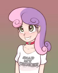 Size: 954x1200 | Tagged: suggestive, artist:scorpdk, banned from derpibooru, edit, sweetie belle, human, adorasexy, breasts, choker, cute, eyebrows visible through hair, female, gradient background, humanized, image, imminent blowjob, imminent deepthroat, lolicon, oppai loli, png, sexy, small breasts, smiling, solo, underage, until the choker breaks, young