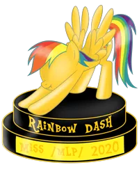 Size: 2363x2952 | Tagged: safe, artist:anonymous, rainbow dash, pegasus, pony, /mlp/, 4chan, female, gold, golden, iwtcird, mare, meme, miss /mlp/, miss /mlp/ 2020, scrunchy face, solo, trophy