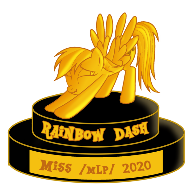 Size: 1365x1329 | Tagged: safe, artist:anonymous, rainbow dash, pegasus, pony, /mlp/, 4chan, female, gold, golden, iwtcird, mare, meme, miss /mlp/, miss /mlp/ 2020, scrunchy face, solo, trophy
