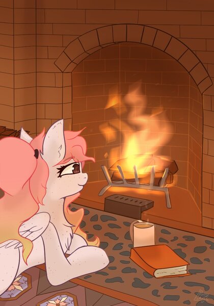 Size: 717x1024 | Tagged: safe, artist:ponyangle, oc, unnamed oc, unofficial characters only, pegasus, pony, book, chest fluff, chocolate, cup, cute, female, fire, fireplace, food, hot chocolate, lying down, mare, prone, wings
