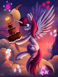 Size: 5000x6632 | Tagged: safe, artist:atlas-66, oc, oc:fausticorn, unofficial characters only, alicorn, pony, absurd resolution, birthday cake, cake, candle, canterlot, chest fluff, cloud, cutie mark, ear fluff, female, flying, food, happy birthday mlp:fim, horn, implied mane six, leg fluff, list, mare, mlp fim's tenth anniversary, profile, quill pen, scroll, sky, solo, spread wings, underhoof, wings