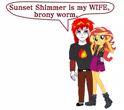 Size: 1800x1600 | Tagged: source needed, safe, artist:israelyabuki, sunset shimmer, oc, oc:eternal flames, equestria girls, equestria girls series, spoiler:eqg specials, boots, canon x oc, clothes, dialogue, female, green eyes, jacket, male, muscles, red hair, shipping, shoes, simple background, speech bubble, sunseternal, white background