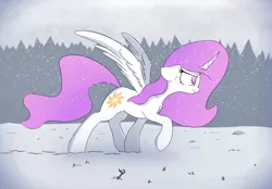 Size: 1920x1337 | Tagged: safe, artist:anonymous, princess celestia, alicorn, pony, chest fluff, determined, female, mare, missing accessory, pink-mane celestia, raised hoof, snow, snow storm, solo, spread wings, walking, wings, younger