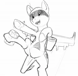 Size: 2048x2012 | Tagged: safe, artist:tetrapony, edit, oc, unofficial characters only, original species, plane pony, pony, armpits, black and white, delta airlines, featureless crotch, grayscale, monochrome, open mouth, plane, simple background, solo, white background