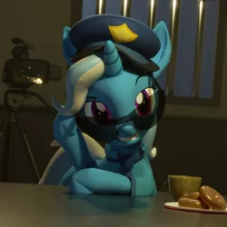 Size: 3840x3840 | Tagged: safe, artist:xppp1n, trixie, pony, unicorn, 3d, bars on the window, camera, clothes, coffee cup, cup, donut, female, food, glasses, hat, implied interrogation, jail cell, looking at you, mare, police officer, police uniform, sfm pony, solo, sunglasses, uniform, video camera