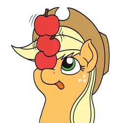 Size: 750x750 | Tagged: safe, artist:mkogwheel, derpibooru import, applejack, earth pony, pony, :p, apple, applejack's hat, balancing, bust, cowboy hat, cute, female, food, freckles, hat, image, jackabetes, mare, one eye covered, png, ponies balancing stuff on their nose, silly, silly pony, simple background, solo, that pony sure does love apples, tongue out, white background
