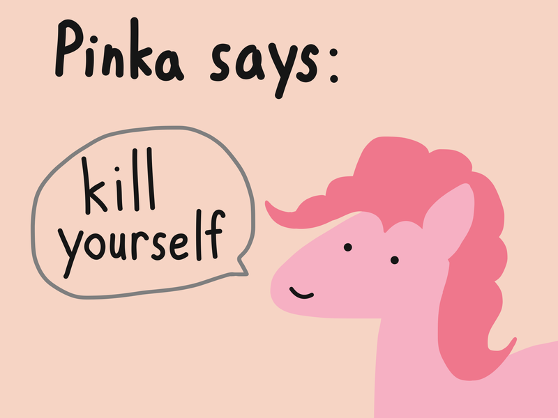 Size: 2048x1536 | Tagged: semi-grimdark, artist:2merr, pinkie pie, earth pony, pony, /mlp/, 4chan, dialogue, dot eyes, drawn on phone, drawthread, female, kill yourself, mare, pink background, reaction image, requested art, simple background, smiling, solo, speech bubble, talking to viewer