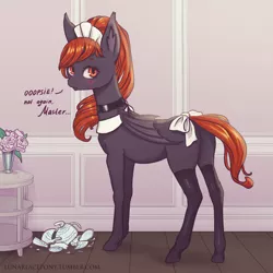 Size: 1200x1200 | Tagged: suggestive, artist:lunarlacepony, oc, oc:nova blade, unofficial characters only, bat pony, pony, bat pony oc, bat wings, blushing, bow, broken dish, broken vase, butt, clothes, collar, commission, dialogue, ear tufts, female, flower, looking at you, looking back, looking back at you, maid, mare, master, plot, rose, socks, solo, solo female, stockings, tail bow, thigh highs, vase, whip marks, wings, ych result