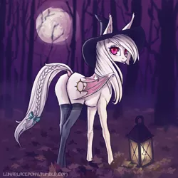 Size: 1200x1200 | Tagged: safe, artist:lunarlacepony, oc, oc:shikaka, unofficial characters only, bat pony, pony, vampire, vampire bat pony, albino, bat pony oc, bat wings, bow, braid, braided tail, butt, clothes, commission, cute, dock, ear fluff, ear tufts, female, forest, forest background, hat, lantern, long mane, looking at you, looking back, looking back at you, mare, mare in the moon, moon, night, plot, socks, solo, stockings, tail bow, thigh highs, tree, wings, witch hat, ych result