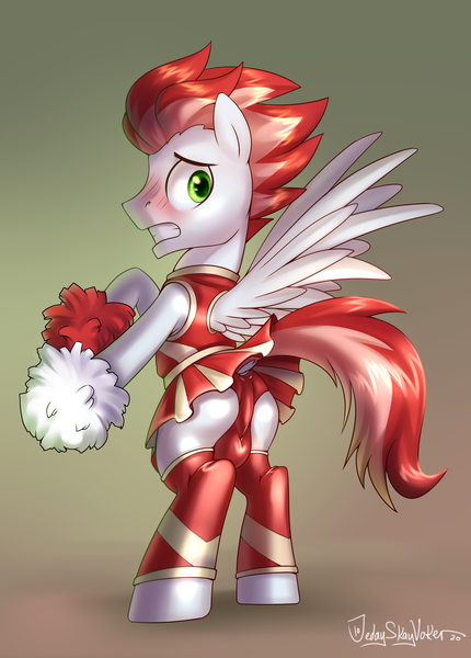 Size: 2000x2788 | Tagged: suggestive, artist:jedayskayvoker, oc, oc:swift apex, unofficial characters only, pegasus, pony, bipedal, blushing, cheerleader, cheerleader outfit, clothes, crossdressing, cute, dock, embarrassed, gradient background, hoofless socks, latex, looking at you, looking back, looking back at you, male, miniskirt, mooseknuckle, panties, skirt, socks, solo, solo male, spread wings, stallion, underwear, upskirt, wings