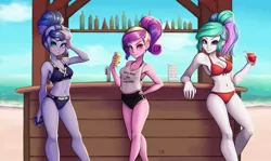 Size: 1682x1000 | Tagged: safe, artist:the-park, princess cadance, princess celestia, princess luna, equestria girls, alcohol, alternate hairstyle, bar, beach, beer, belly button, bikini, bottle, clothes, daiquiri, drink, female, frozen daiquiri, hand on hip, looking at you, midriff, ocean, pepsi, ponytail, shorts, siblings, sisters, smiling, soda, straw, swimsuit, tanktop