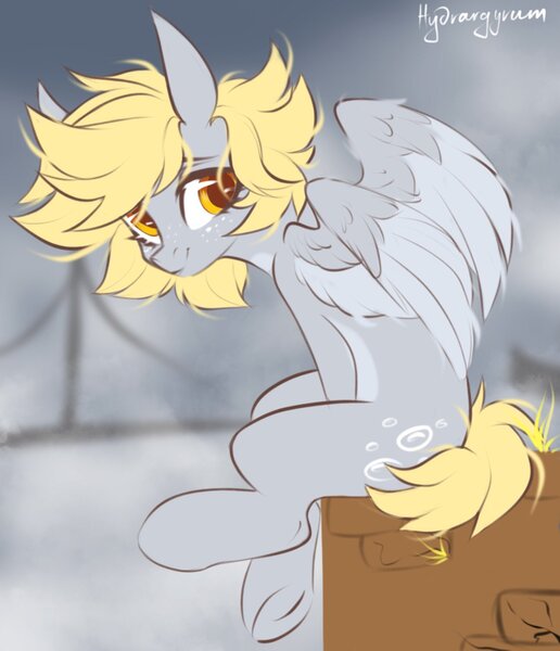 Size: 1297x1509 | Tagged: safe, artist:hydrargyrum, derpy hooves, pegasus, pony, alternate hairstyle, cute, derpabetes, explicit source, female, freckles, looking at you, mare, pale belly, sitting, smiling, smiling at you, solo, spread wings, two toned wings, underhoof, wings