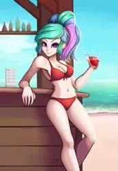 Size: 693x1000 | Tagged: alcohol, alternate hairstyle, artist:the-park, bar, beach, belly button, bikini, bottle, clothes, daiquiri, drink, female, frozen daiquiri, human, humanized, looking at you, midriff, ocean, ponytail, princess celestia, safe, smiling, solo, straw, swimsuit