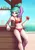 Size: 693x1000 | Tagged: alcohol, alternate hairstyle, artist:the-park, bar, beach, belly button, bikini, bottle, clothes, daiquiri, drink, female, frozen daiquiri, human, humanized, looking at you, midriff, ocean, ponytail, princess celestia, safe, smiling, solo, straw, swimsuit