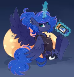 Size: 2200x2300 | Tagged: safe, artist:liquorice_sweet, princess luna, alicorn, pony, gamer luna, animal crossing, animal crossing: new horizons, bean bag chair, blushing, chest fluff, clothes, cute, ear fluff, ear piercing, female, gamer, gaming, gradient background, high res, hoodie, horn, lidded eyes, long horn, looking at you, mare, nintendo switch, piercing, ponytail, princess, simple background, sitting, solo, underhoof, unshorn fetlocks