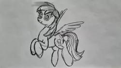 Size: 3264x1836 | Tagged: safe, artist:ex waifu ex machina, rainbow dash, pegasus, pony, /mlp/, 4chan, ex waifu ex machina, flying, looking at you, simple background, sketch, smiling, solo, traditional art, white background