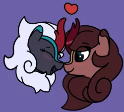 Size: 2197x1986 | Tagged: artist:aripegio del mandolino, blushing, boop, bust, eyes closed, female, females only, heart, kirin, kirin oc, no pony, noseboop, nose to nose, oc, oc:aripegio del mandolino, oc:ebonfire, open mouth, portrait, safe, simple background, unofficial characters only