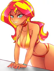 Size: 3000x4000 | Tagged: suggestive, artist:faejunkie, sunset shimmer, equestria girls, bedroom eyes, belly button, bikini, blushing, breasts, busty sunset shimmer, cleavage, clothes, female, looking at you, simple background, smiling, solo, solo female, swimsuit, thighs, white background