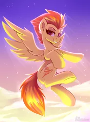 Size: 1850x2500 | Tagged: safe, artist:shadowreindeer, spitfire, pegasus, pony, cloud, female, flying, lidded eyes, looking at you, mare, sky, smiling, smiling at you, solo, spread wings, starry sky, underhoof, wings