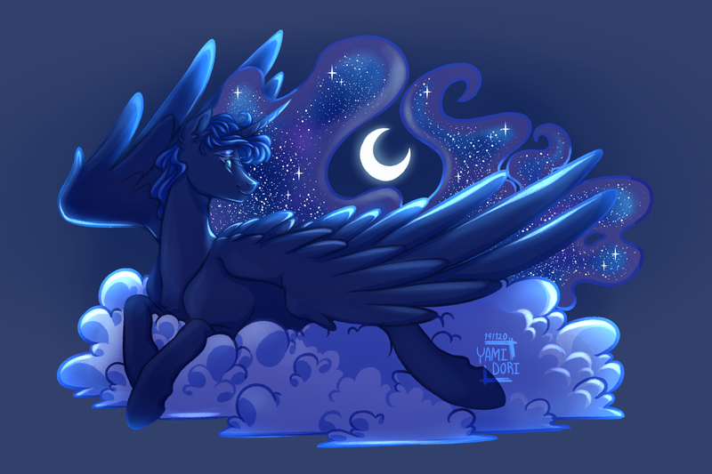 Size: 3000x2000 | Tagged: safe, artist:yami-sempai, princess luna, alicorn, pony, cloud, digital art, ear fluff, female, gradient background, high res, lidded eyes, looking back, lying down, mare, moon, on a cloud, profile, prone, simple background, solo