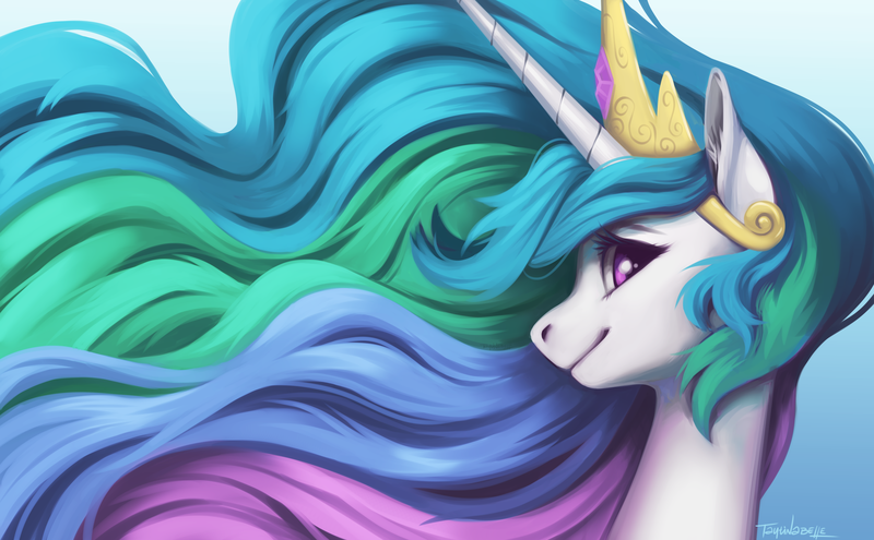 Size: 4961x3068 | Tagged: safe, artist:taytinabelle, princess celestia, alicorn, pony, bust, crown, ear fluff, female, gradient background, hair, jewelry, looking at you, mare, regalia, side view, smiling, solo, wavy mane