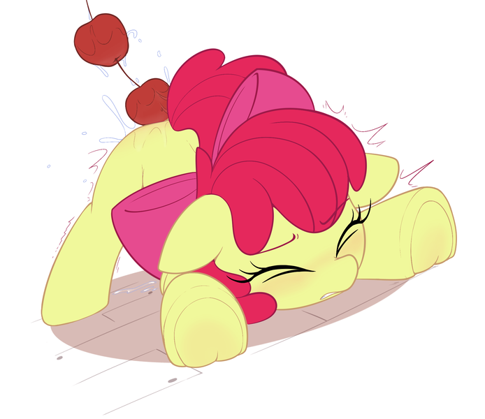 Size: 1906x1648 | Tagged: explicit, artist:pestil, artist:shinodage, apple bloom, earth pony, pony, anal beads, apple, apple beads, blushing, eyes closed, face down ass up, female, filly, foalcon, food, sex toy, simple background, solo, underage, underhoof, white background