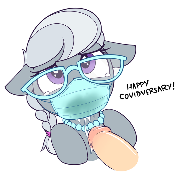 Size: 1474x1426 | Tagged: explicit, artist:pestil, artist:shinodage, silver spoon, earth pony, human, pony, covid-19, creampie, crying, cum, cum in mouth, dialogue, face mask, female, filly, floppy ears, foalcon, glasses, human on filly action, human on pony action, implied blowjob, implied oral, implied sex, interspecies, looking at you, looking up, looking up at you, male, offscreen character, offscreen human, oral creampie, pov, simple background, straight, underage, white background