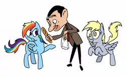 Size: 1312x812 | Tagged: safe, artist:anonymous, derpy hooves, rainbow dash, human, pegasus, pony, bag, bread, crossover, food, looking at you, mr bean, open mouth, raised hoof, rearing, simple background, smiling, white background