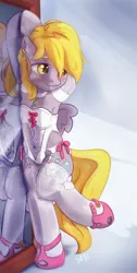 Size: 1200x2375 | Tagged: suggestive, artist:drafthoof, derpy hooves, pegasus, pony, bipedal, blushing, choker, clothes, crotchboobs, erect nipples, garter belt, lingerie, mirror, nipple outline, shoes, socks, stockings, teats, thigh highs