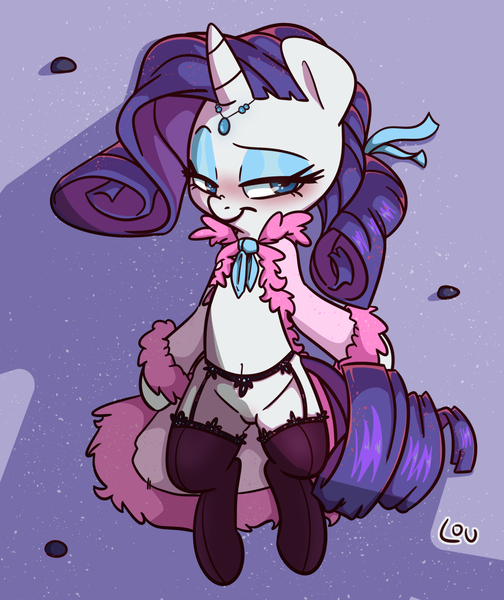 Size: 1409x1676 | Tagged: suggestive, artist:lou, rarity, pony, unicorn, bathrobe, beach, bedroom eyes, clothes, female, garter belt, jewelry, lingerie, lying down, mare, ponytail, robe, sand