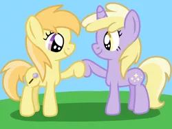 Size: 1280x960 | Tagged: safe, artist:tiaraworld, derpibooru import, dinky hooves, noi, earth pony, pony, unicorn, best friends, cute, cutie mark, dinkabetes, female, filly, hoofbump, image, lesbian, noiabetes, noidink, park, png, shipping
