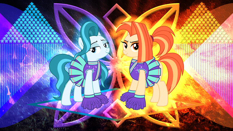 Size: 3840x2160 | Tagged: safe, artist:laszlvfx, artist:sonofaskywalker, derpibooru import, edit, lighthoof, shimmy shake, earth pony, pony, 2 4 6 greaaat, abstract background, cheerleader, cheerleader outfit, clothes, duo, duo female, female, image, lidded eyes, mare, pleated skirt, png, pom pom, ponytail, skirt, vector, wallpaper, wallpaper edit