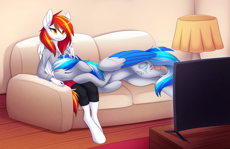 Size: 3884x2522 | Tagged: safe, artist:scarlet-spectrum, oc, oc:diamond sun, oc:hawker hurricane, anthro, pegasus, unguligrade anthro, alternate universe, anthro with ponies, commission, couch, female, hawkmond, image, male, png, sleeping
