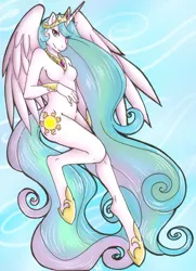 Size: 1594x2202 | Tagged: anthro, artist:collaredginger, barbie doll anatomy, breasts, derpibooru import, featureless breasts, female, hooves, nudity, princess celestia, safe, solo, unguligrade anthro
