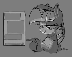 Size: 1200x946 | Tagged: safe, artist:dilarus, edit, editor:edits of hate, twilight sparkle, pony, unicorn, black and white, dexterous hooves, exploitable meme, gray background, grayscale, lidded eyes, meme, monochrome, phone, simple background, solo