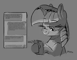 Size: 1200x946 | Tagged: safe, artist:dilarus, edit, editor:edits of hate, twilight sparkle, pony, unicorn, black and white, bust, dexterous hooves, grayscale, monochrome, phone, solo, your mom